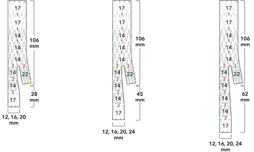 Diagrams of distal bifurcated body grafts with 106 mm body length and leg lengths including 28 mm, 45 mm, and 62 mm.