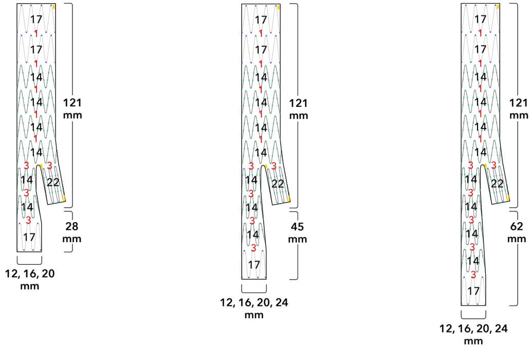 Diagrams of distal bifurcated body grafts with 121 mm body length and leg lengths including 28 mm, 45 mm, and 62 mm.