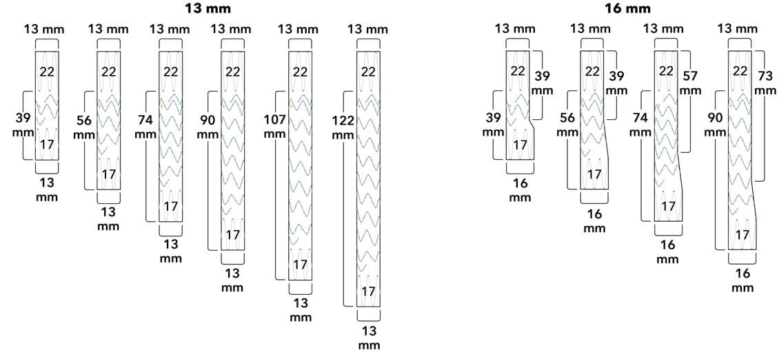 Diagrams of Zenith® Spiral-Z® iliac leg grafts with lengths including 39 mm, 56 mm, 74 mm, 90 mm, 107 mm, and 122 mm body for 13 mm diameter variants, as well as 39 mm, 56 mm, 74 mm, and 90 mm sizes for 16 mm distal diameter variants.