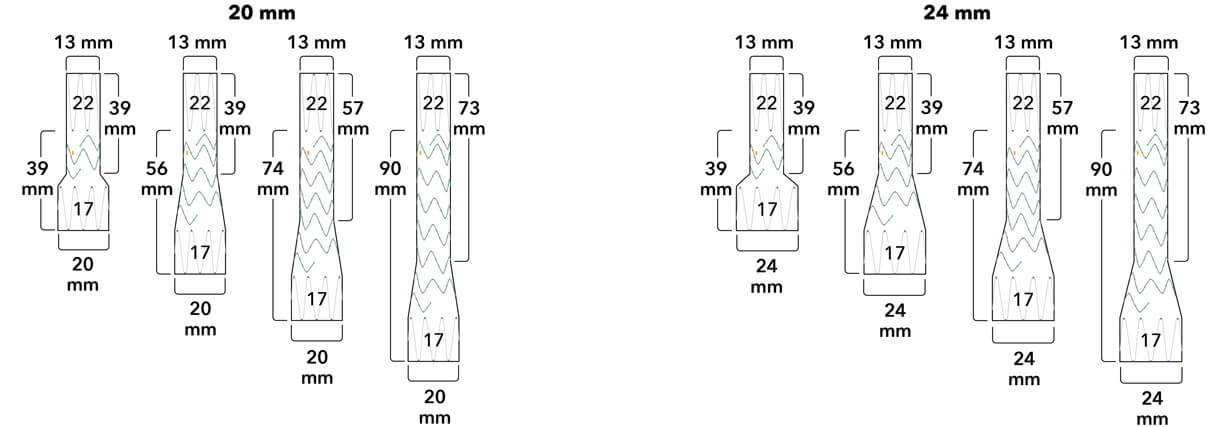 Diagrams of Zenith® Spiral-Z® iliac leg grafts with lengths including 39 mm, 56 mm, 74 mm, and 90 mm sizes for 20 mm distal diameter variants, as well as 39 mm, 56 mm, 74 mm, and 90 mm sizes for 24 mm distal diameter variants.