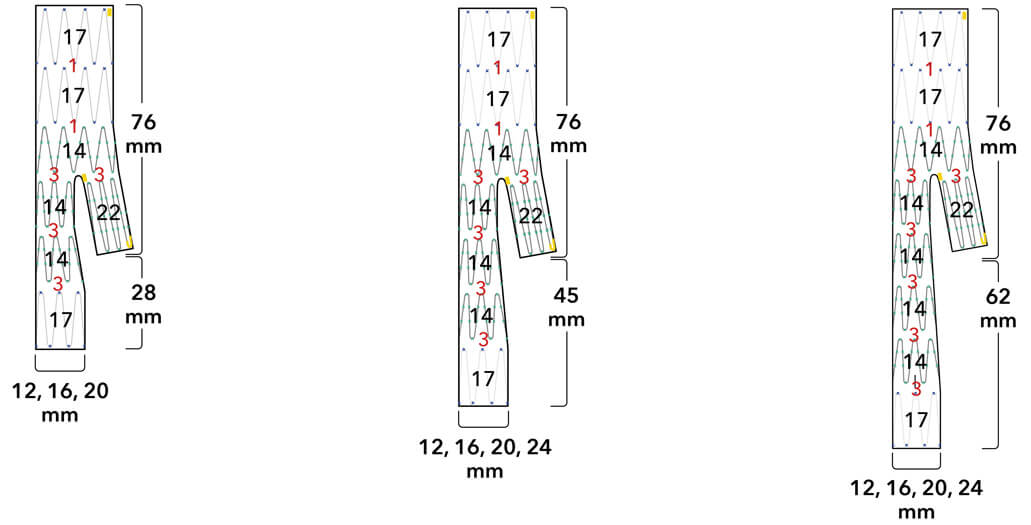 Diagrams of distal bifurcated body grafts with 76 mm body length and leg lengths including 28 mm, 45 mm, and 62 mm.