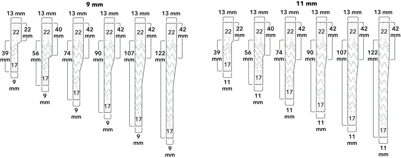 Diagrams of Zenith® Spiral-Z® iliac leg grafts with lengths including 22 mm body and 39 mm leg, 40 mm body and 56 mm leg, 42 mm body and 74 mm leg, 42 mm body and 90 mm leg, 42 mm body and 107 mm leg, and 42 mm body and 122 mm leg, in both 9 mm and 11 mm distal leg diameter variants.