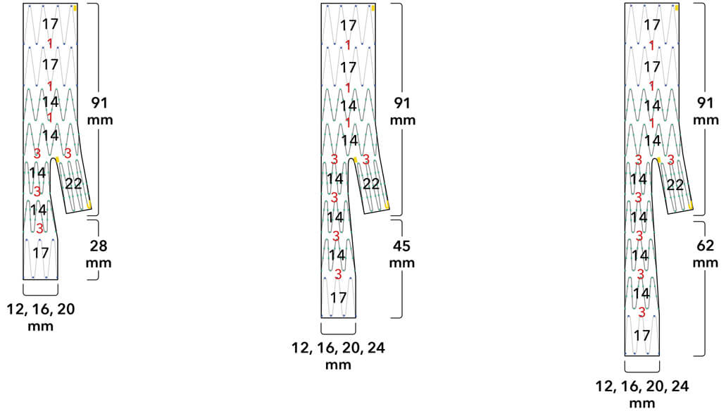 Diagrams of distal bifurcated body grafts with 91 mm body length and leg lengths including 28 mm, 45 mm, and 62 mm.