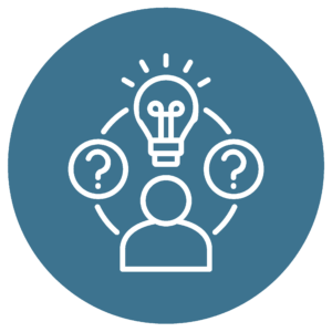 Icon depicting the cycle of a person having questions, gaining knowledge and having more questions.