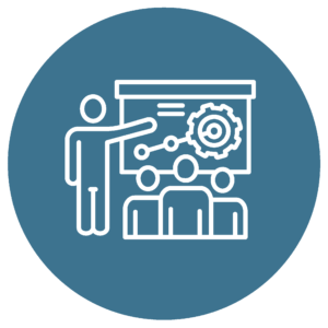 Icon depicting a person presenting information to a group of people.