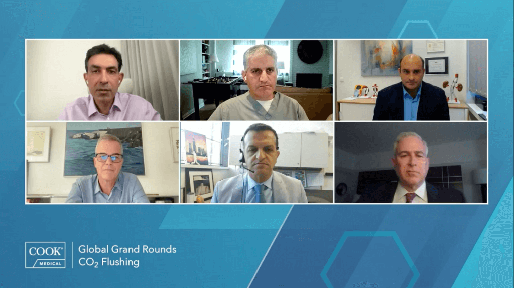 Thumbnail image for Global Grand Rounds CO2 flushing during aortic procedures video, depicting the panel of speakers on the call including Bijan Modarai, MD; Fernando Fleischman, MD; Nikolaos Tsilimparis, MD; Darren Schneider, MD; Carlos Bechara, MD; and Tilo Kölbel, MD.