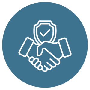 Icon of a handshake below a shield with a check mark. 